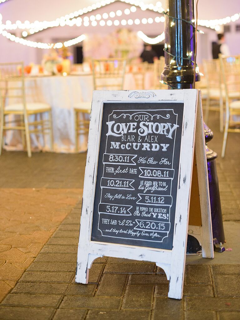 Chalkboard wedding sign with the couple's love story timeline