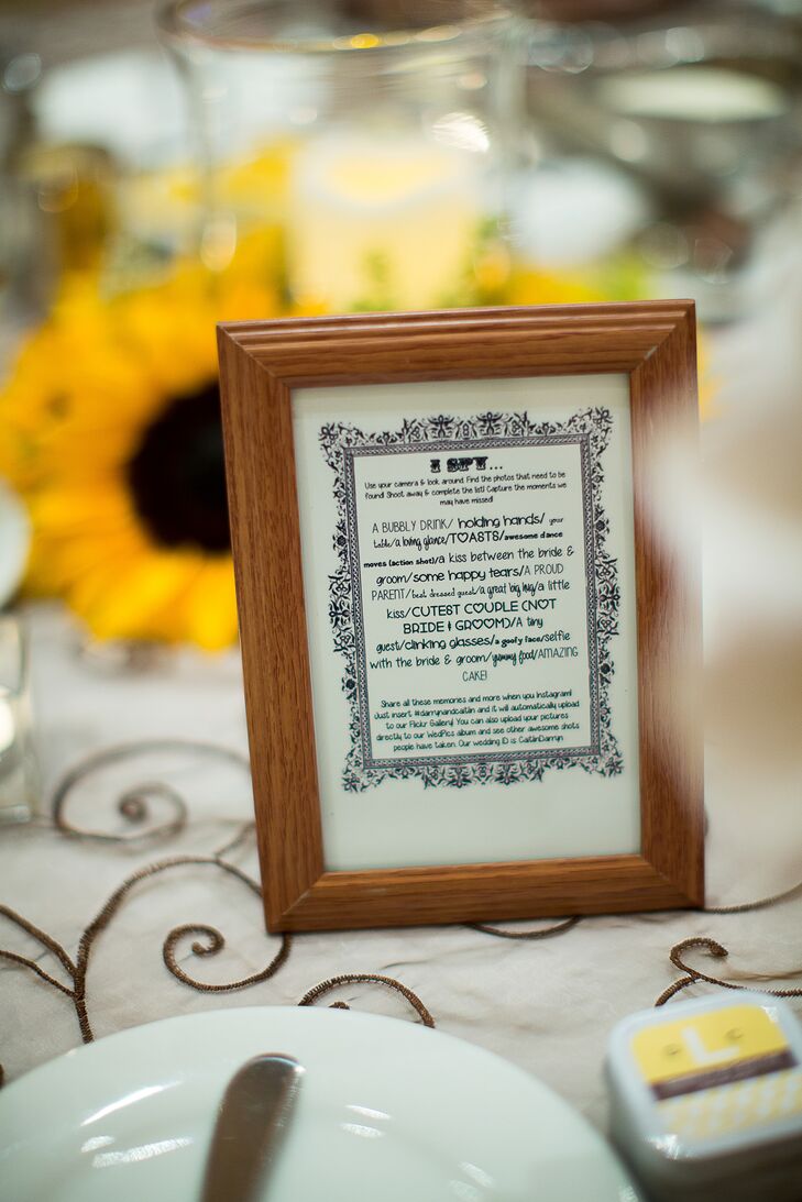 The newlyweds challenged their guests to take pictures of a number of wedding activities at the reception.