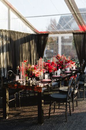 Black Reception Table With Taper Candles, Low Centerpieces With Red Details Under Clear Tent