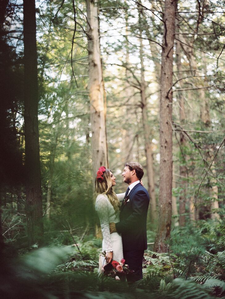 “Nature and the outdoors are a big part of our lives. We wanted the day to be about our love for each other and our love for nature and for our family and friends to enjoy both the company and the view,” Jenna says. The pair spent 17 months preparing their backyard and forest for the fete, clearing a path to a stone cropping for the ceremony and planting extra garden beds to bring their intimate outdoor space to life.