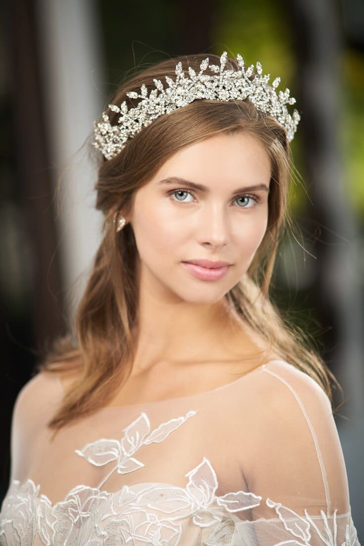 Silver bridal tiara with crystals in leaf motif