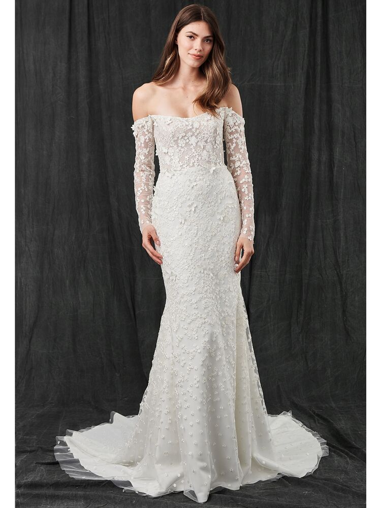 Kelly Faetanini lace fit-and-flare wedding dress with long sleeves