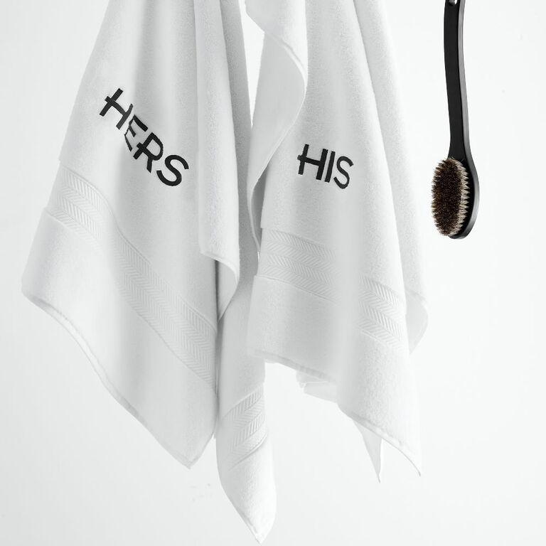 His and Her matching white bath towels, Mr. and Mrs. gift for newlyweds. 