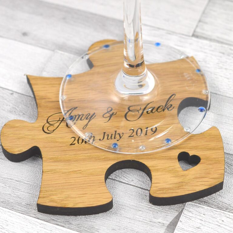Wooden coaster shaped like a puzzle piece
