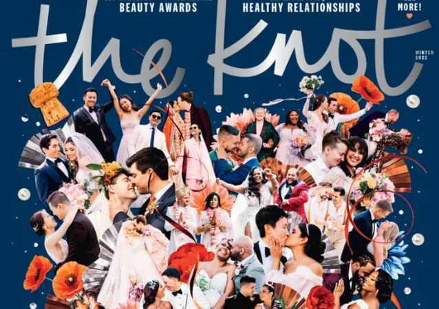 the knot magazine winter 2022 cover featuring a collage of couples from real weddings arranged in the shape of a heart