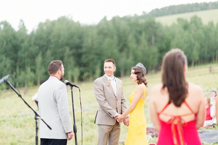 Shauna and Jason wanted a location they could rent for the weekend so their family and friends could stay on the property. So, they booked a vacation rental instead of a wedding venue. It had a house, two cabins, horse stables and a luxurious lodge with a sweeping view of the mountains, lake and the 10,000 acres it sat on. “It was breathtaking inside and out, we were able to begin our ceremony on the hill with a panoramic view of the mountains and then a view of the rain," she says. "Luckily, there were also stables on the property where we had our full ceremony, with a magical intimacy that only the impromptu move due to the rain could have blessed us with."