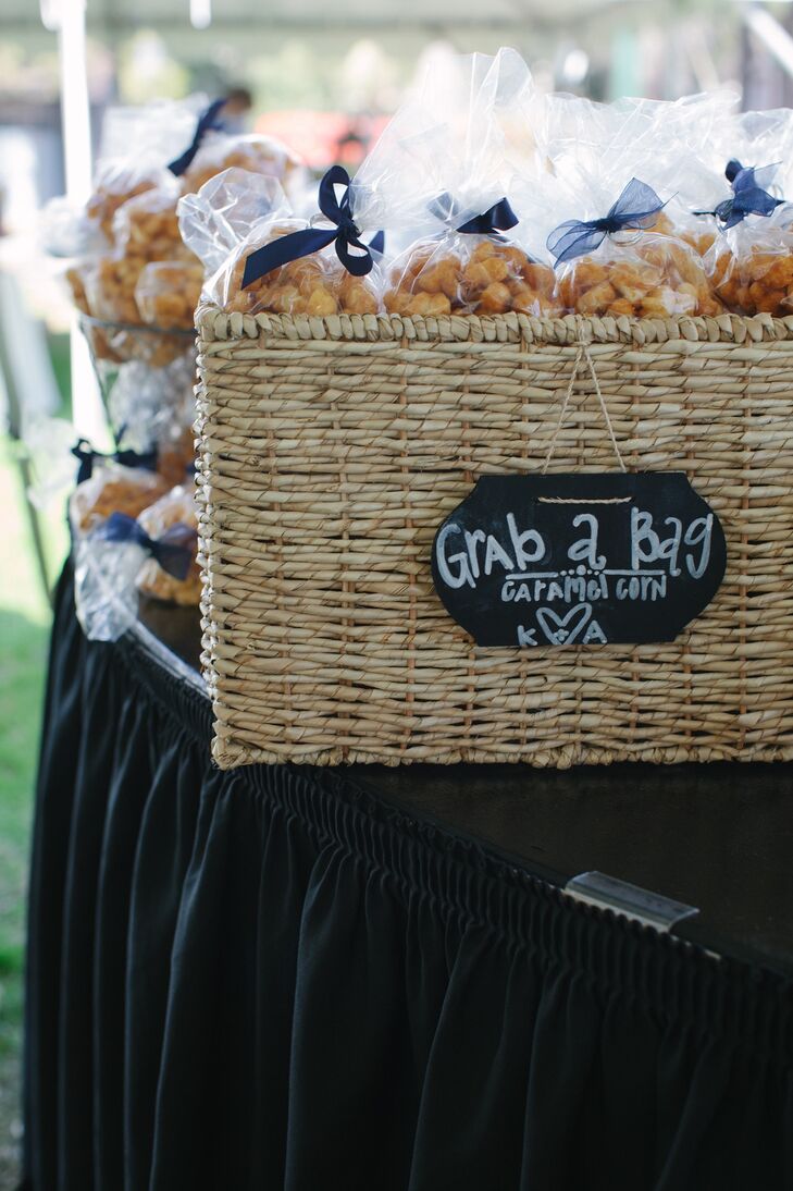 Caramel Popcorn Wedding Favors with Navy Ribbon