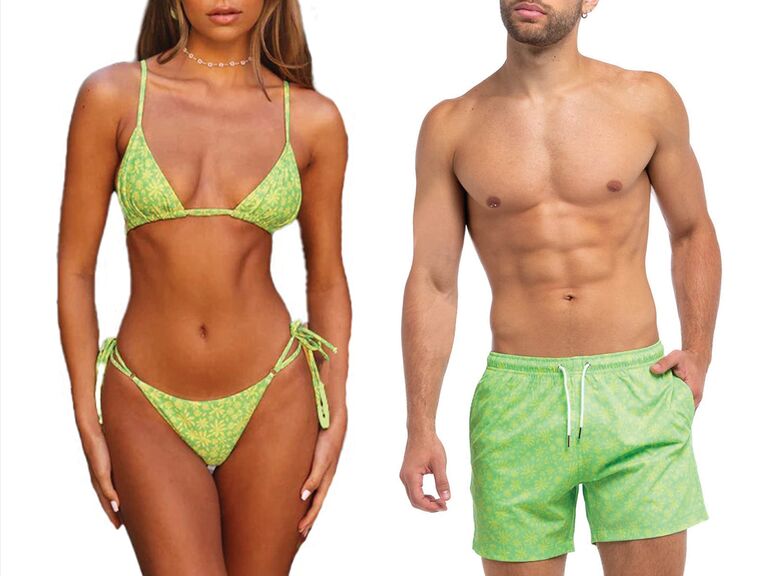 Bermies matching couples swimsuits. 