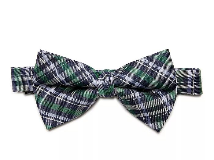 A navy and green plaid bowtie for kids from Macy's