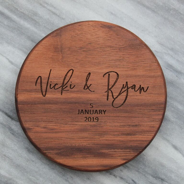 Personalized engraved wood coasters with couples name and anniversary date for six year anniversary gift idea