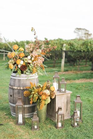 Fall-Colored Garden Roses, Ranunculus, Dahlias and Scabiosa Decorated the Wedding Venue