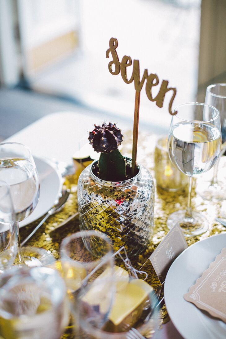 Gold Table Number with Cactus Decor