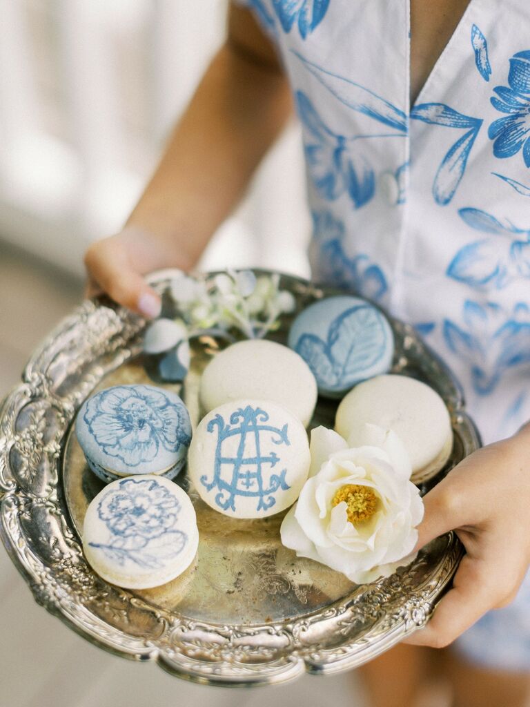 Monogrammed macaron dessert idea for bridal shower. 
