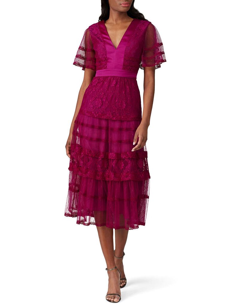 Maroon midi fall wedding guest dress with sheer sleeves and lace panels