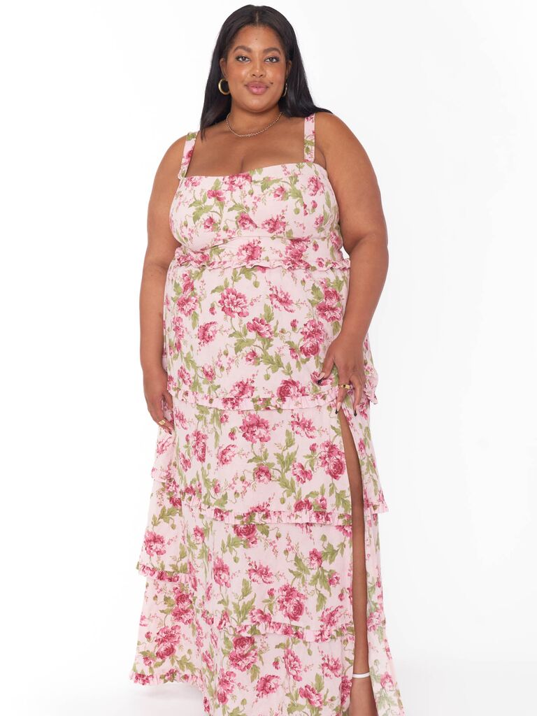 Pink floral maxi dress with corset-style bodice and leg slit from Show Me Your Mumu