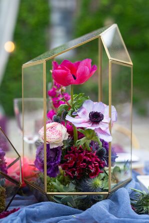 Colorful Flower Arrangement in Gold Terrarium