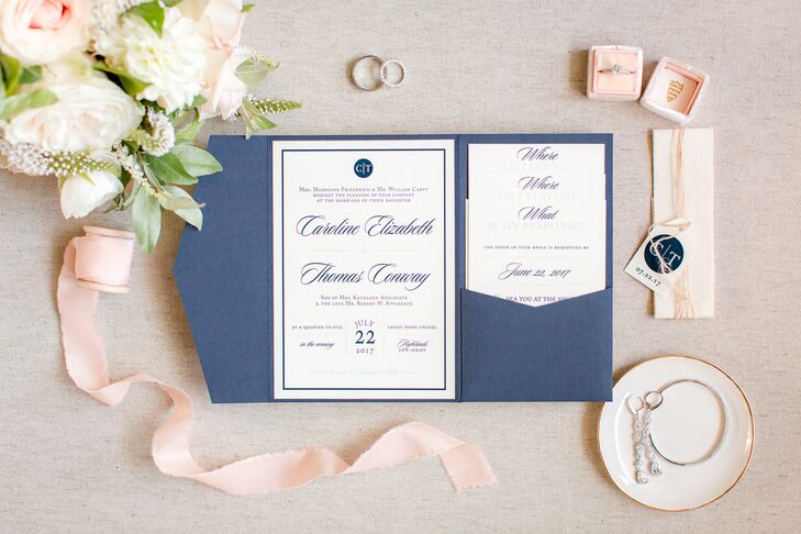Monogrammed Navy Pocket Wedding Invitations