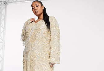 mini long sleeve gold dress with sequins and pearls