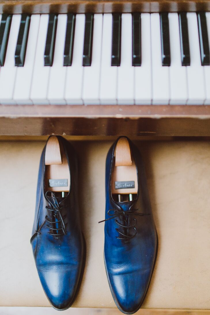 In addition to his custom yellow silk bow tie and suspenders, Edouard accessorized his royal blue suit with blue Berluti dress shoes. “A longtime dream of mine was to own a pair of Beluti shoes,” Edouard says. “The great thing about Berluti—besides the quality and originality—is that they have a patina, so your shoes glow with your favorite hue.”