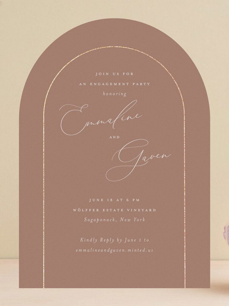 Arched stationery with rose gold foil engagement party invitation