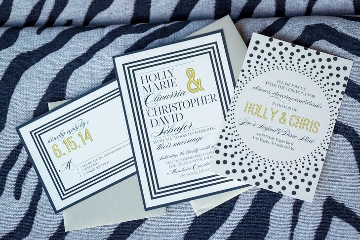 Because it's the first thing a guest sees, the couple knew they wanted their invitations to pop. To achieve this, they used gold and black on shimmer paper with blush pink envelopes.