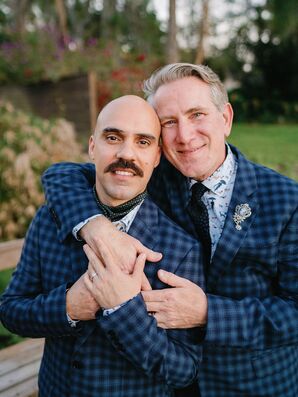 Grooms in Blue Plaid Suits Sharing Hug