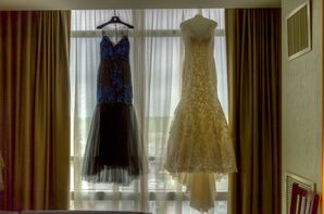 White Ceremony Dress and Blue Reception Dress