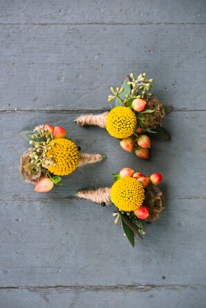 Billy Ball, Scabiosa Pod, Hypericum Berry Boutonniere