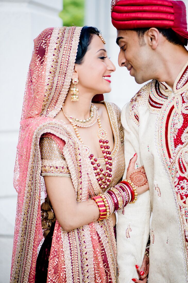 To match her traditional bridal look for the ceremony, Megha had Jody from Tamara Makeup and Hair Artistry style her hair into a traditional middle-parted bun with her stunning dupatta draped over her head. For the reception, Megha let her hair down, opting for long, romantic curls. “Later in the evening I wanted glamorous Hollywood curls,” Megha says. “We had to wash my hair and redo it in less than an hour. It was impressive!”