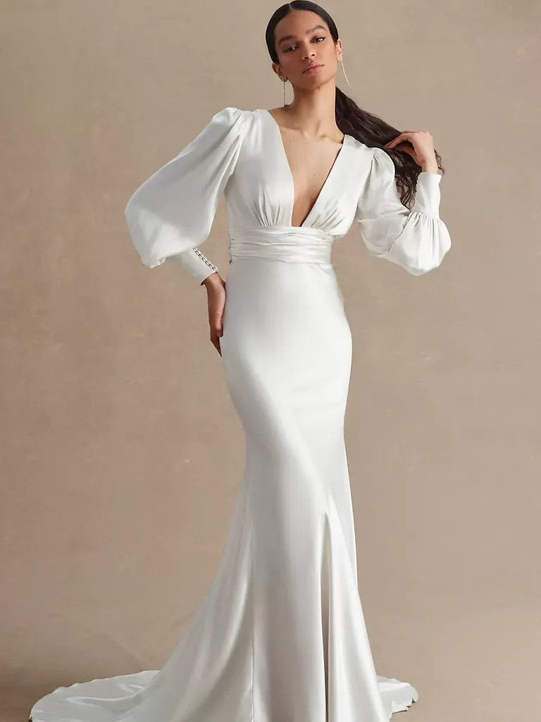 Plunge V-Neckline Puff-Sleeve Wedding Gown for older bride