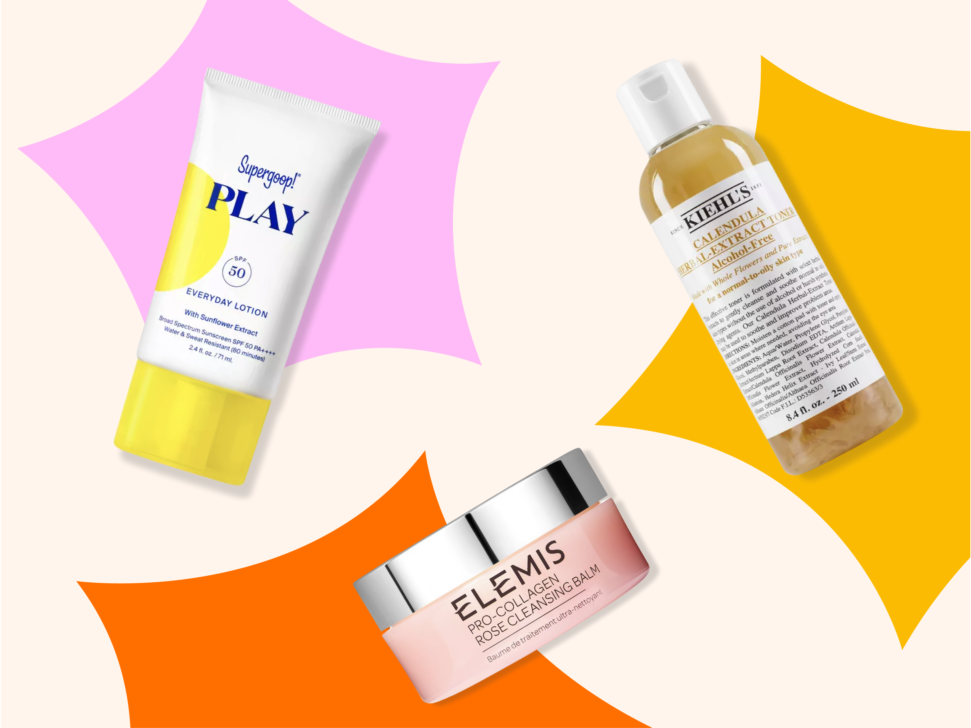 Collage graphic of editors' favorite skincare products