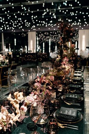 Twinkle Lights and Candles at Moody Nighttime Wedding Reception