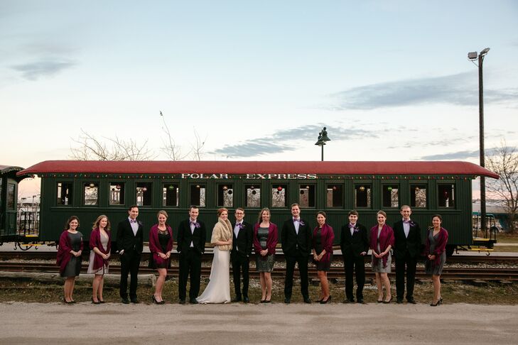 Wanting their wedding party to be comfortable and be able to show off a little of their own personal styles, Karen and Casey gave their bridesmaids and groomsmen some freedom with their wedding day looks. They requested only that the guys wear black suits and the girls choose cocktail dresses in a shade of gray—and that nobody match.
