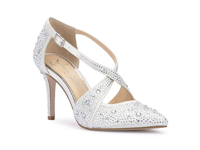 Jessica Simpson shimmering white bridal pumps with criss-cross straps and allover rhinestones
