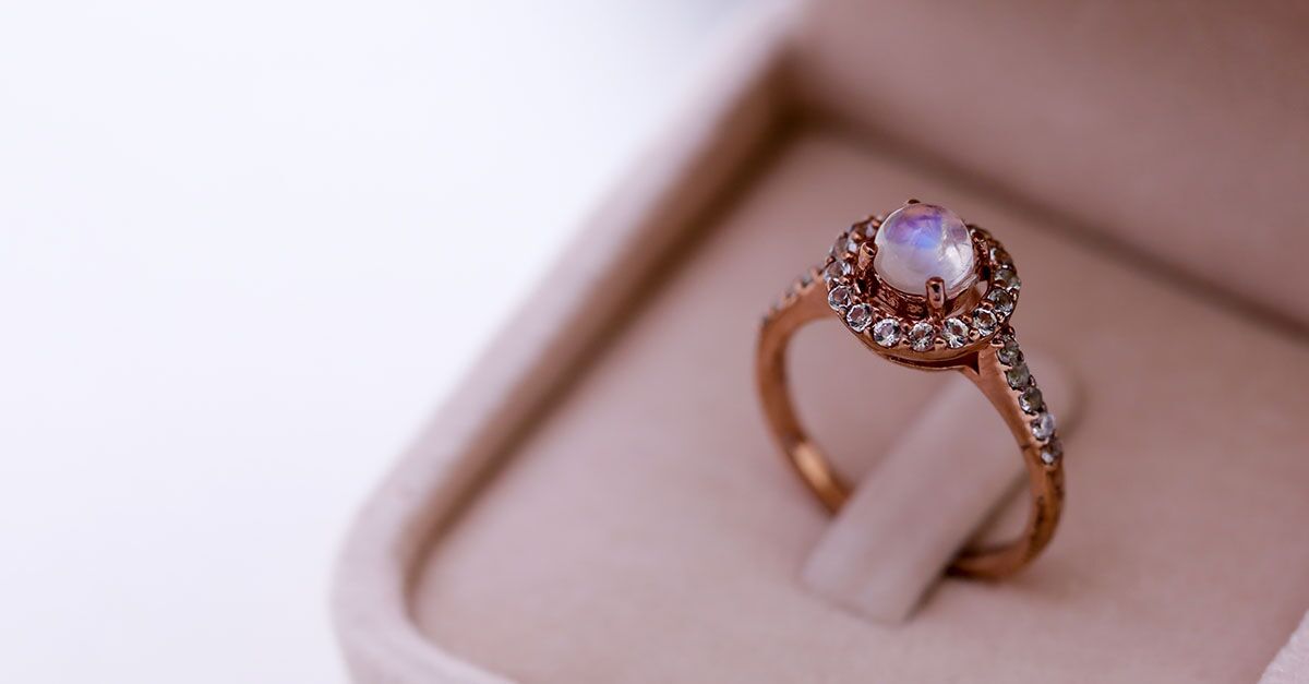 Triangle Moonstone Engagement Ring with Diamond Studded Band - Abhika Jewels