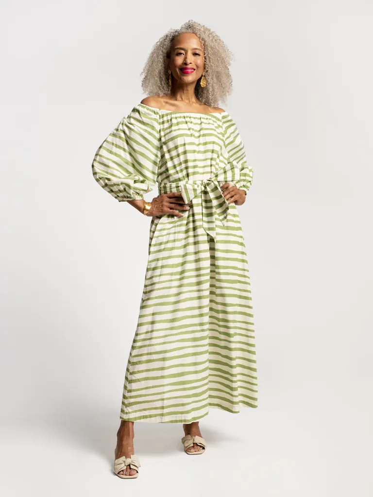 Off the shoulder green and white striped maxi dress for grandmother of the groom