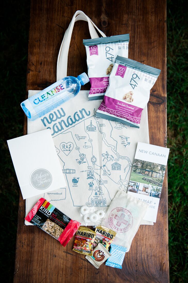 To show their out-of-town guests a little New Canaan hospitality, Rebecca and James put together welcome bags filled with sweets, snacks, a welcome guide and a wedding weekend survival kit filled with essentials like bottled water, ibuprofen and more.