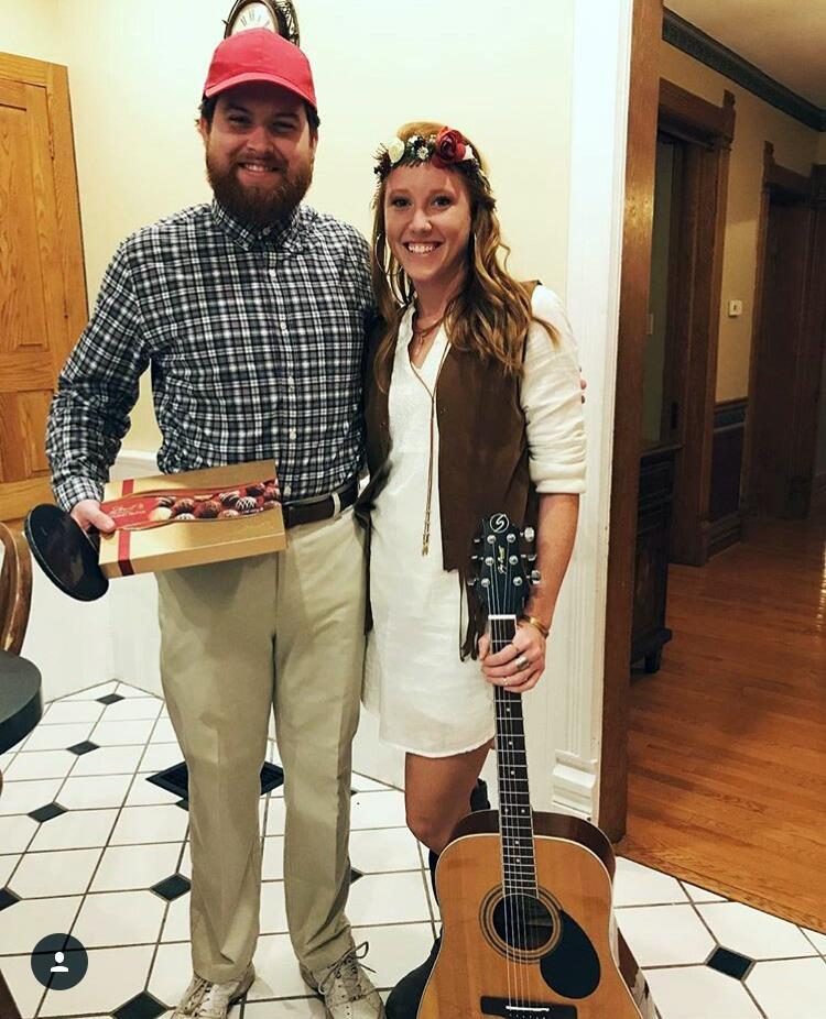 Officially became a couple! Dan comes to meet Caitlin's friends at a Halloween party dressed as Forrest Gump and Jennie at Halloween, Kendallville IN