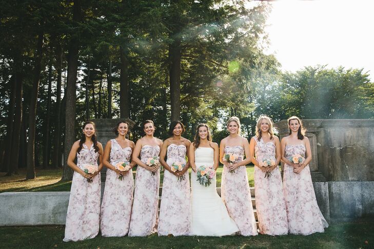 Jordan's bridesmaid dresses were a subtle floral pattern. Their necklines differed based on the bridesmaid's preference.