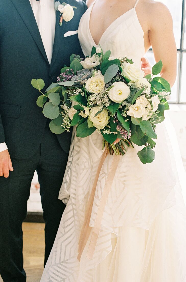 Ivory Lisianthus and Cabbage Rose Bouquet with Oversize Greenery