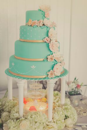 Blue Cake with Gold and Flowers