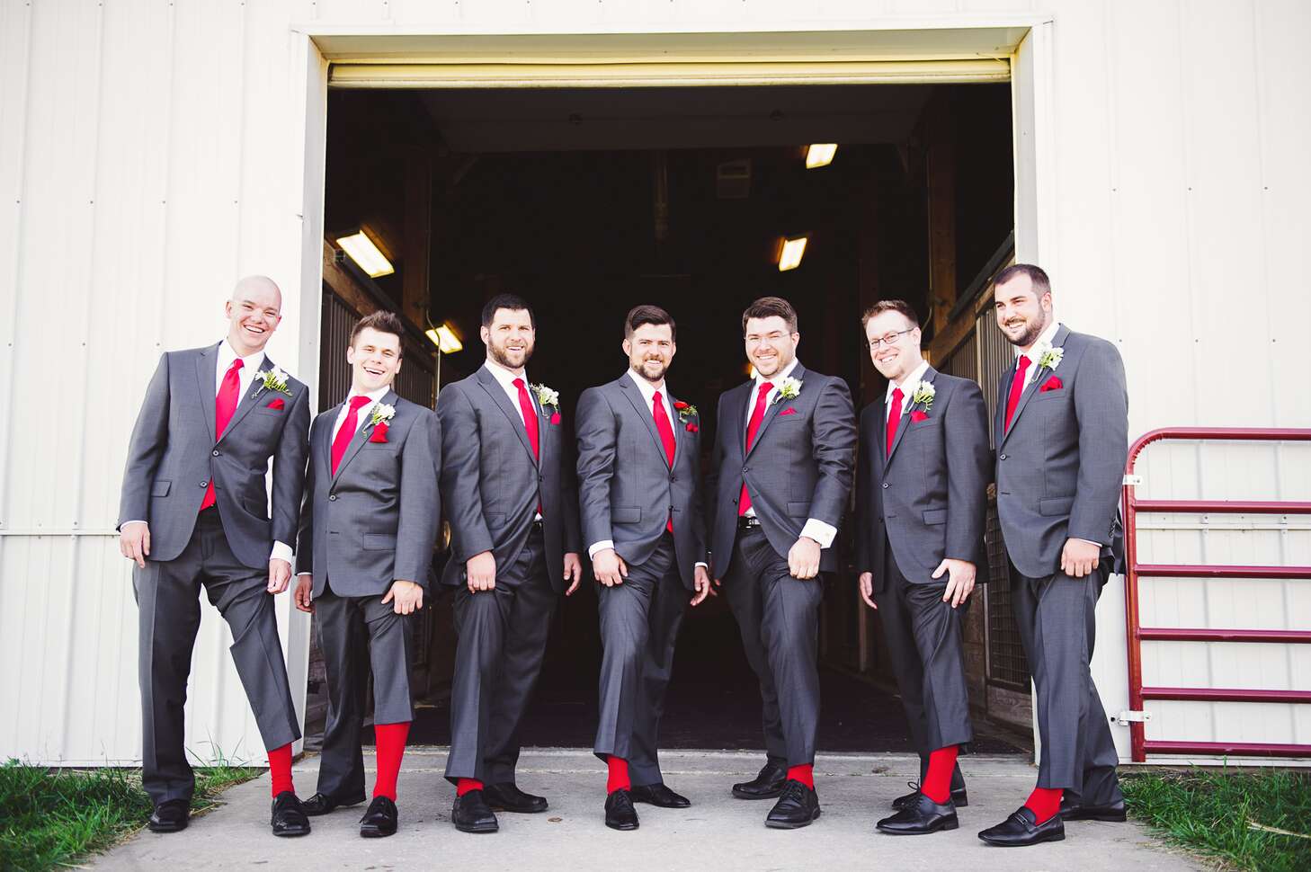 Gray, Red Groomsmen Suits