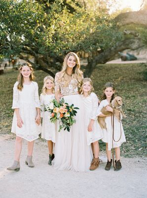 Flower Girls in Lace Dresses and Gold Leaf Crowns