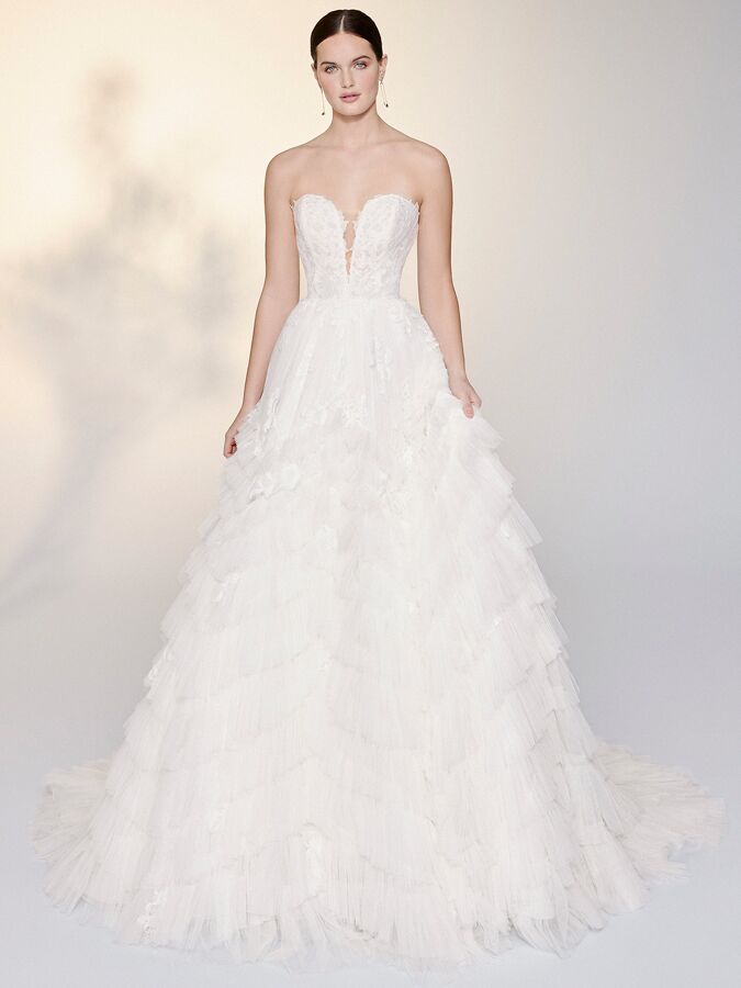 Justin Alexander Signature English net ruffle ball gown