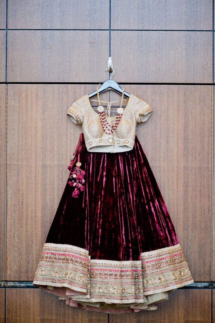 Inspired by her the unique maroon sari that her mother wore on her wedding day, Megha deviated from the traditional bright red and wear a maroon wedding outfit like her mother. The two headed to India to seek out the perfect bridal set for the day, finding it at Sabyasachi in Mumbai.