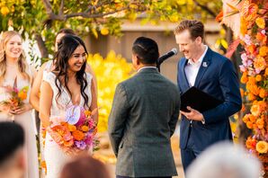 Couple at Mixed Culture Wedding Ceremony, Indian and Persian, Western, Colorful Flowers, Mandeep Altar