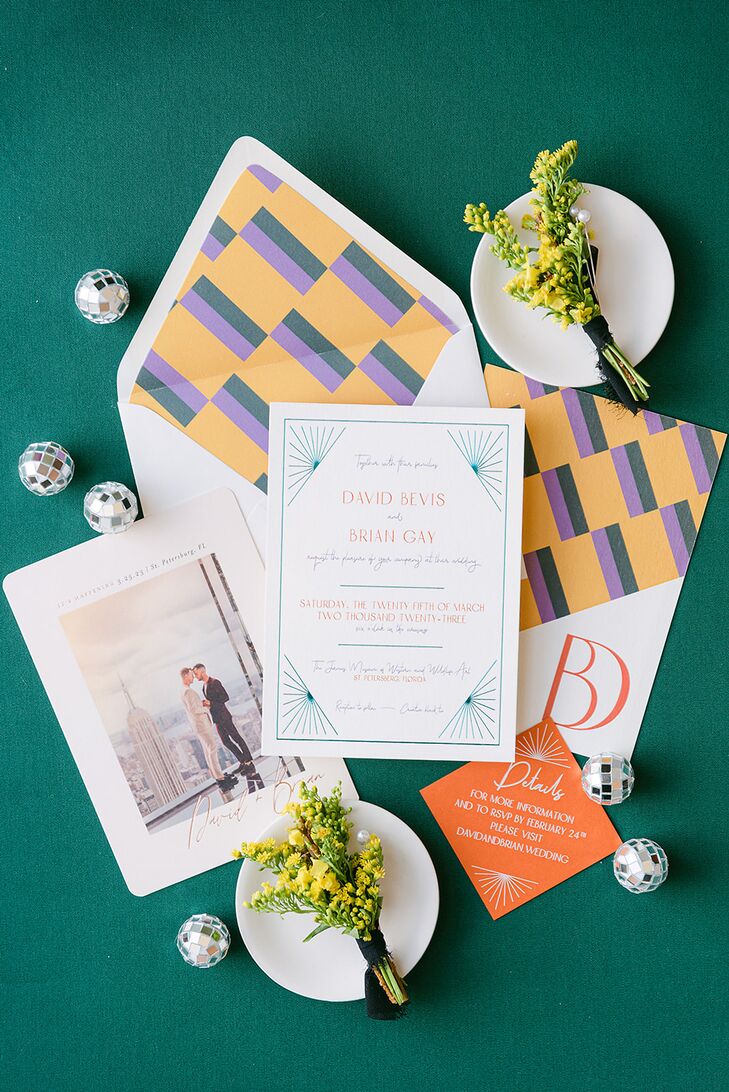 Colorful, Disco-Themed Invitation Suite With, Funky Liner, Boutonnieres