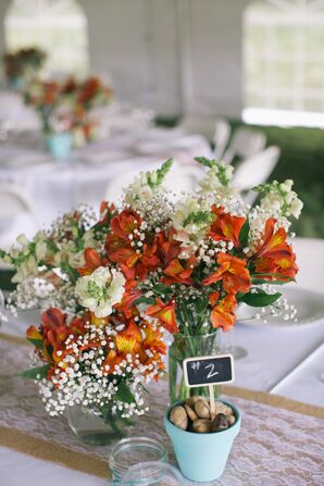 Coral and White Centerpieces at Tented Reception