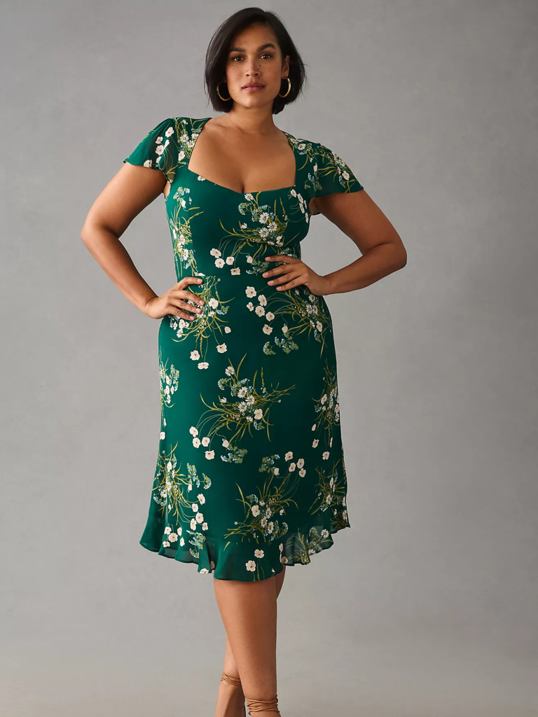 Plus-size green floral mother-of-the-bride dress with cap sleeves from Reformation