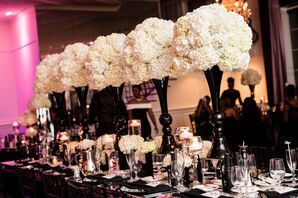White Hydrangeas in Black Fluted Vases